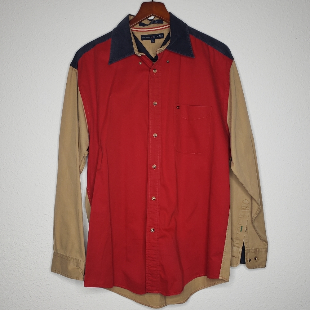 Vintage Tommy Hilfiger Cotton Wool Corduroy Colorblock Button Shirt Size L 90s